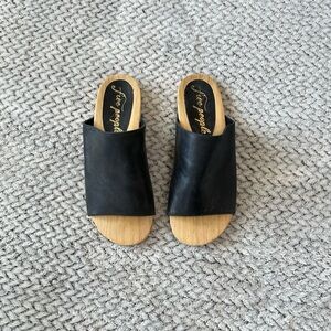 Black leather wooden slip on sandals
